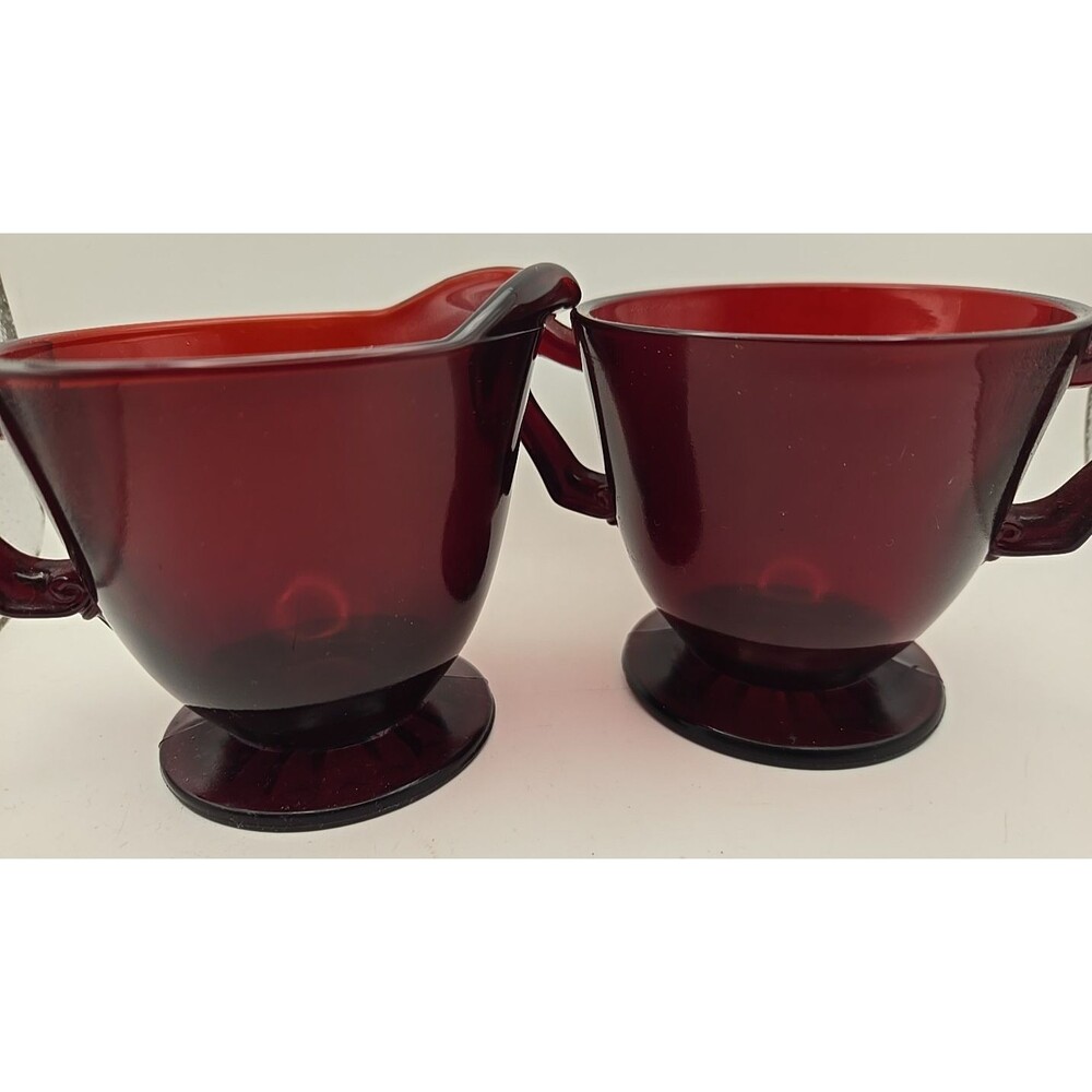 Vintage Royal Ruby By Anchor Hocking Red Glass Footed Creamer & Sugar Bowl